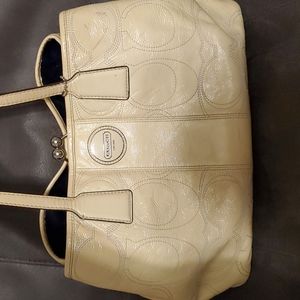 Coach Signature Stitch Patent Leather Kisslock, Carryall Ivory Handbag